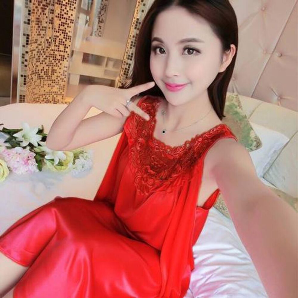 (red) Women Nightgown Silk Lingerie Sexy Babydoll Robe Dress Nightdress Sleepwear
