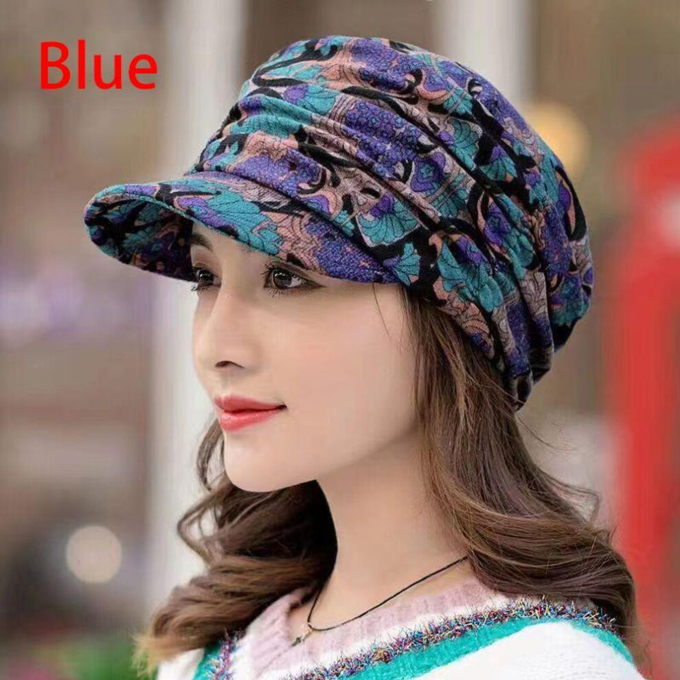 (blue) Women Warm Turban Visor Hat Wide-brimmed Cap Floral Print Windproof Cap Keep Warm Cancer Hat