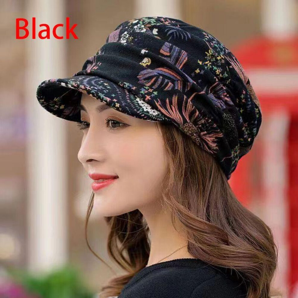 (black) Women Warm Turban Visor Hat Wide-brimmed Cap Floral Print Windproof Cap Keep Warm Cancer Hat