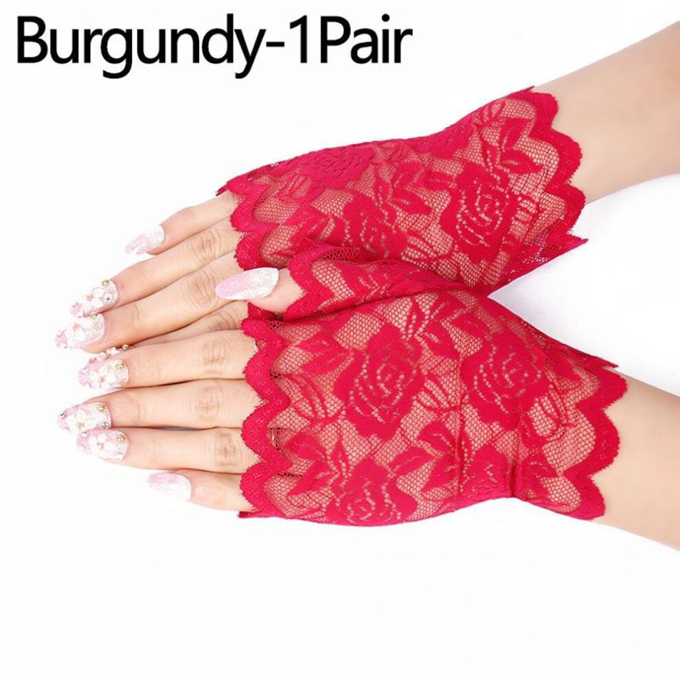 (burgundy) 1 Pair Wedding Summer Lace Gloves Women Sun Protection Fingerless Gloves Bride Breathable