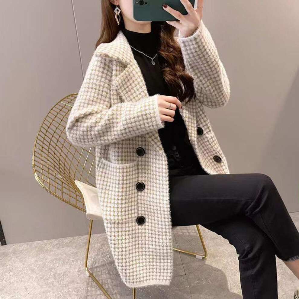 (khaki, XL) Winter Mink Cashmere Cardigan Sweater For Women Loose Lazy Wind Pink Black Plaid Coat Outwear