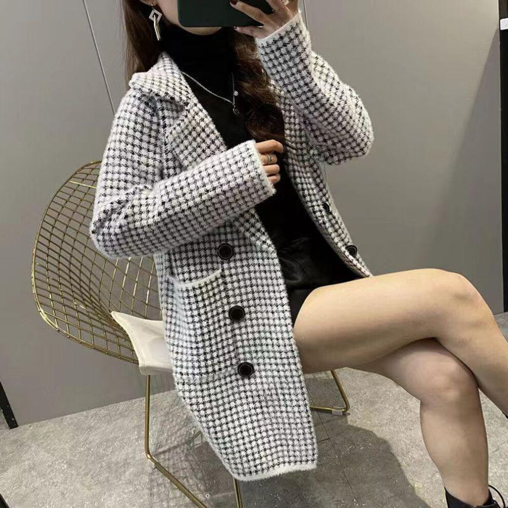 (black, L) Winter Mink Cashmere Cardigan Sweater For Women Loose Lazy Wind Pink Black Plaid Coat Outwear