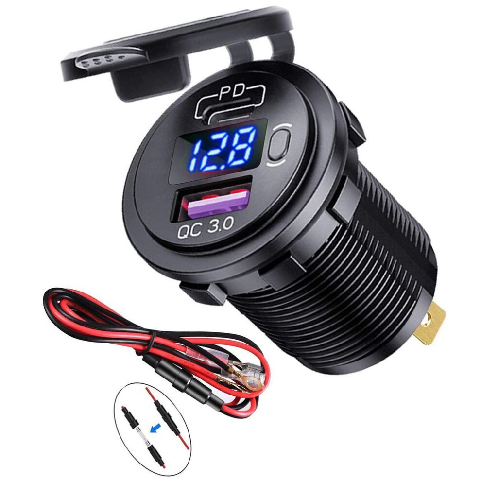(blue) PD Type C QC 3.0 USB Car Quick Charger Power Outlet Socket with ON/Off Switch and LED Voltmeter for Motorcycle Marine RV ATV