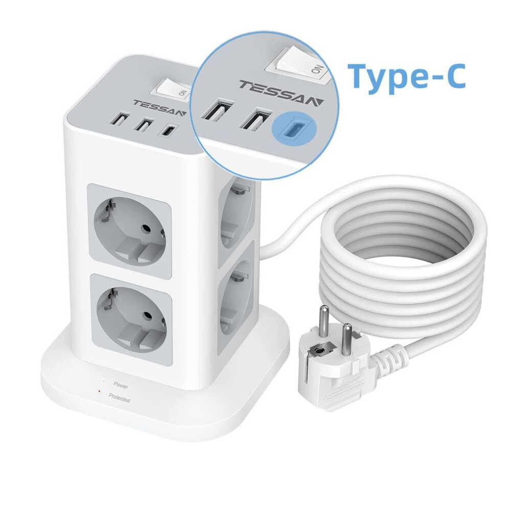 (gray, 8 Outlets&2 USB-A 1 USB-C) Tessan Multi Outlets Power Strip Vertical Plug Tower Socket With Usb 2m Extension Cord Eu Plug Electric Socket Surge Protection