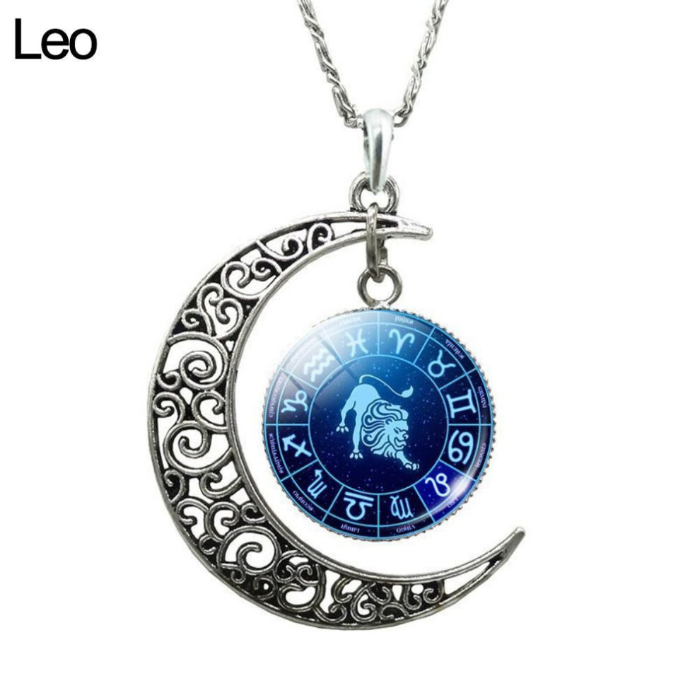 (Leo) Unisex Augury Jewelry 12 Constellations Hollow Crescent Moon Faux Gem Necklace Party Jewelry Gift