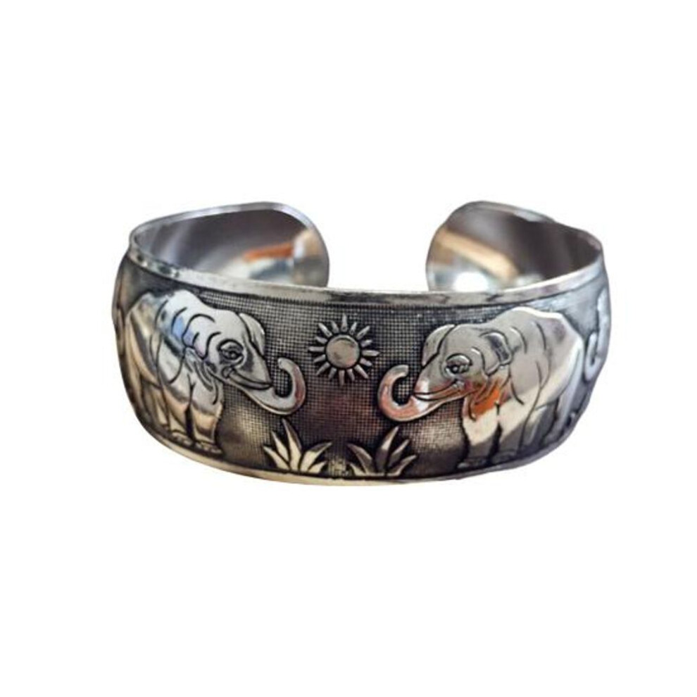 (Elephant) Women Vintage Ethnic Style Open Jewelry Tibetan Bangle Wide Cuff Bracelet