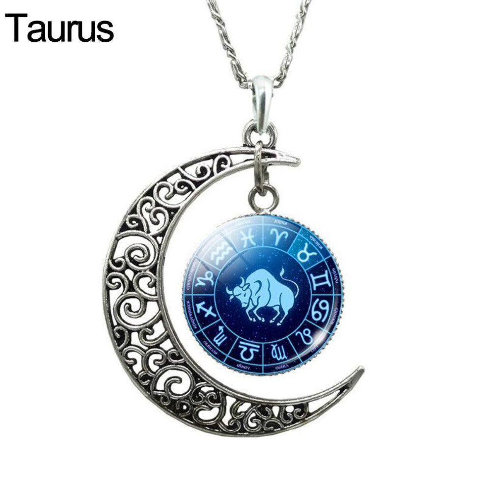 (Taurus) Unisex Augury Jewelry 12 Constellations Hollow Crescent Moon Faux Gem Necklace Party Jewelry Gift