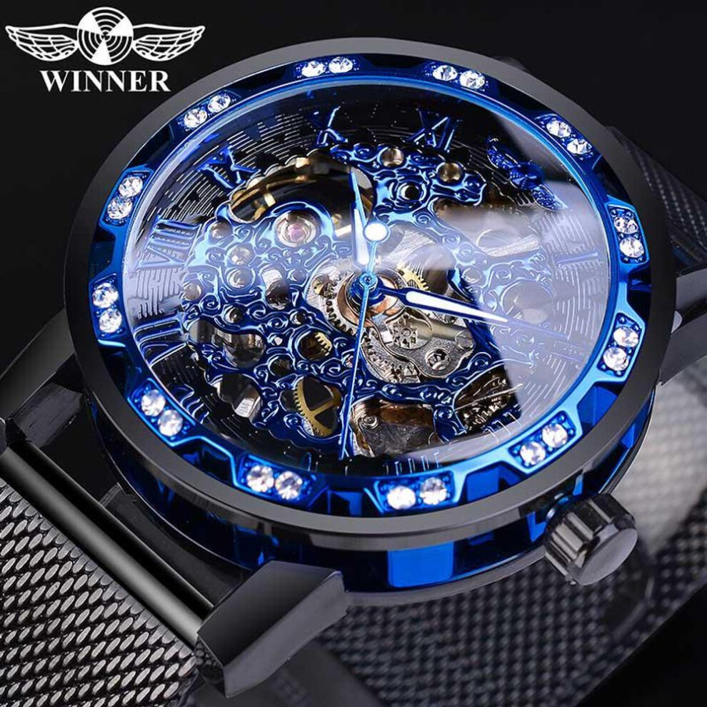 (blue) Winner Golden  Watches Men Skeleton Mechanical Watch Crystal Mesh Slim Stainless Steel Band Top Brand Luxury Hand Wind Wristwatch Business Watch