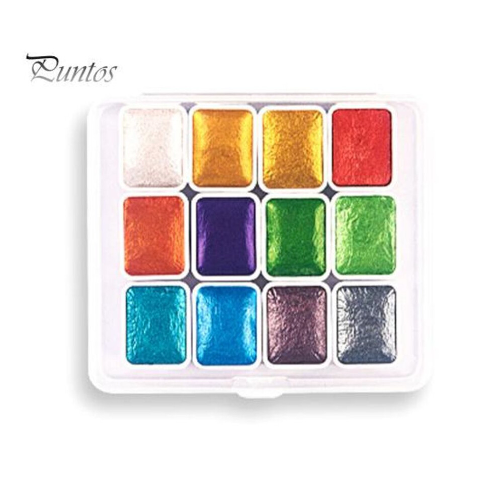 (as the picture, 12 colours) 1 Box 1ml Watercolor Paint Metallic Glitter Watercolor Pigment Portable Vibrant Solid Paint Box For Artists