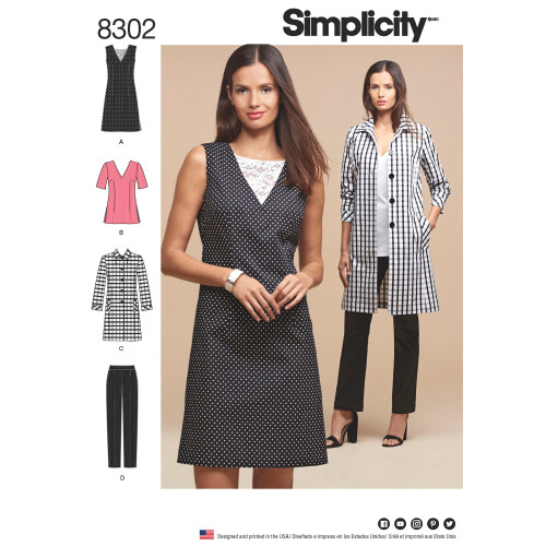 Simplicity US8302AA Womens Dress  Tunic  Pants  and Unlined Coat Sewing Patterns  Sizes 1018