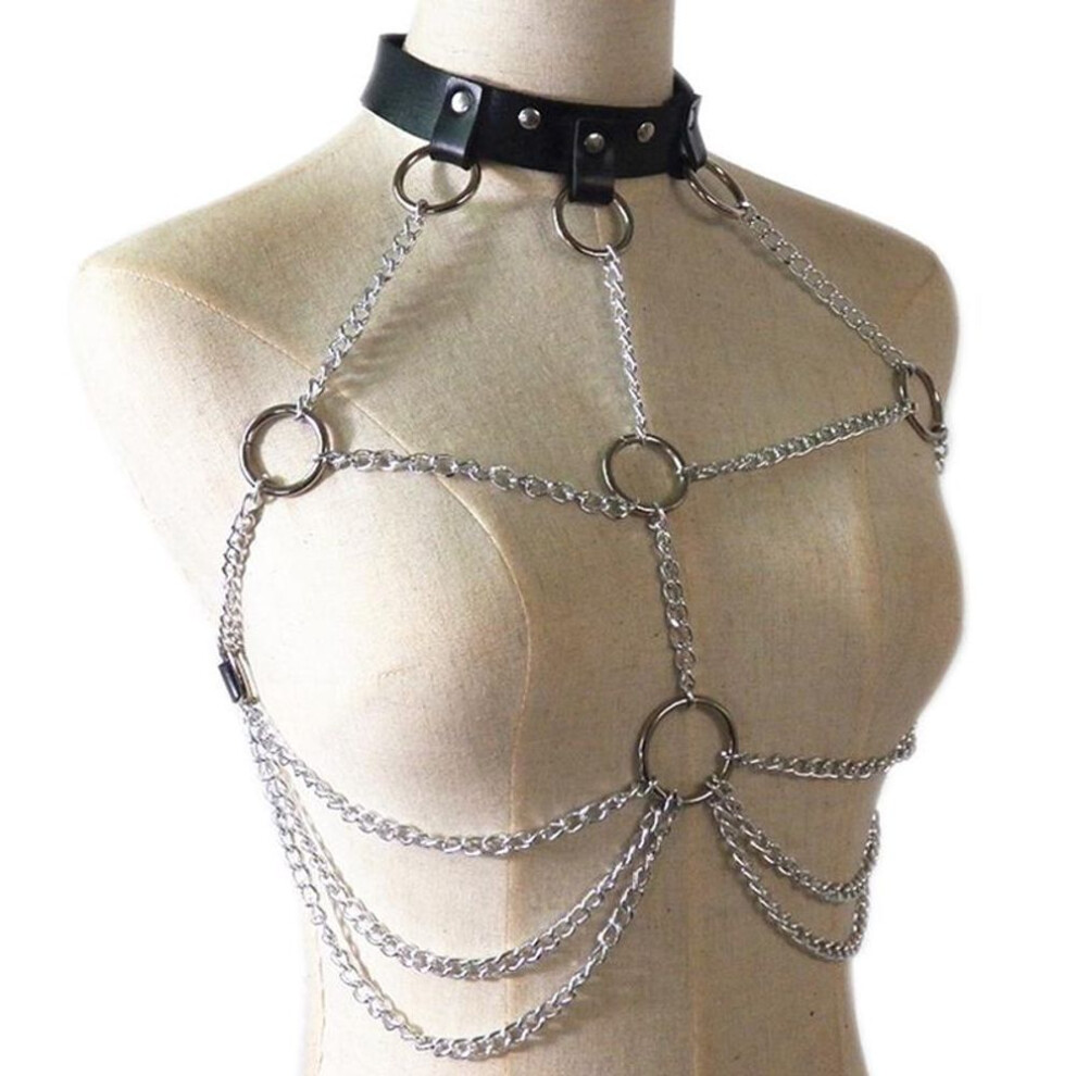 Women Cupless Bra Top Leather Harness Belt Body Bondage Chest Chain Strap Punk