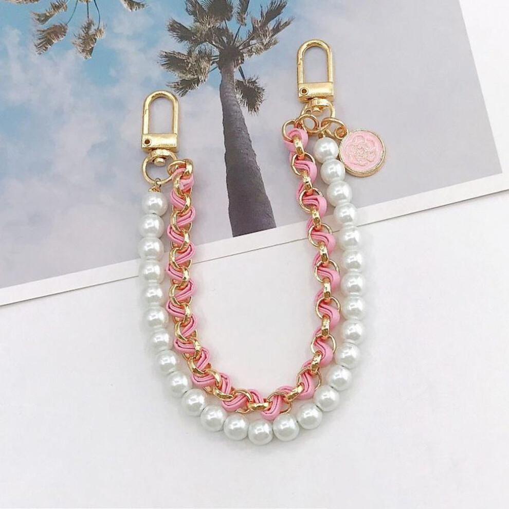 (pink) Vintage Pearl Bag Strap for Handbag Double Layer Chain Pearl Phone Lanyard DIY Purse Replacement Handles Bag Accessory