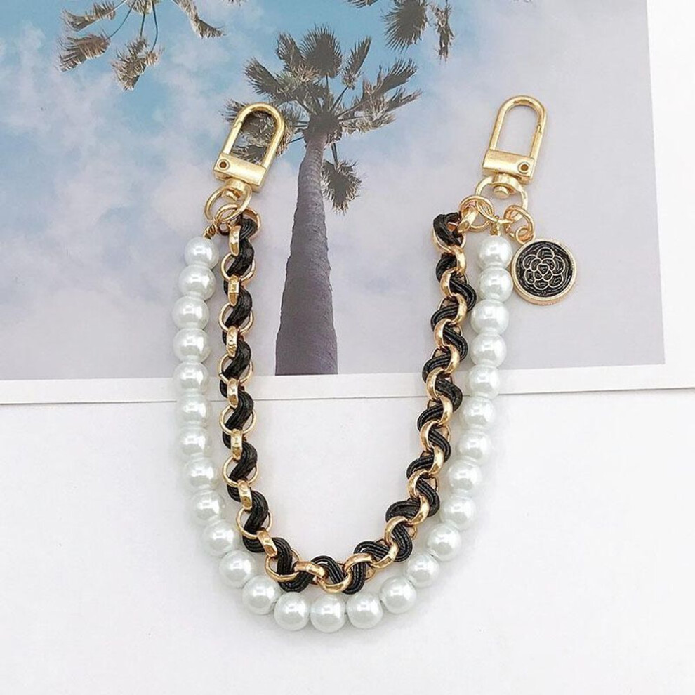 (black) Vintage Pearl Bag Strap For Handbag Double Layer Chain Pearl Phone Lanyard Diy Purse Replacement Handles Bag Accessory