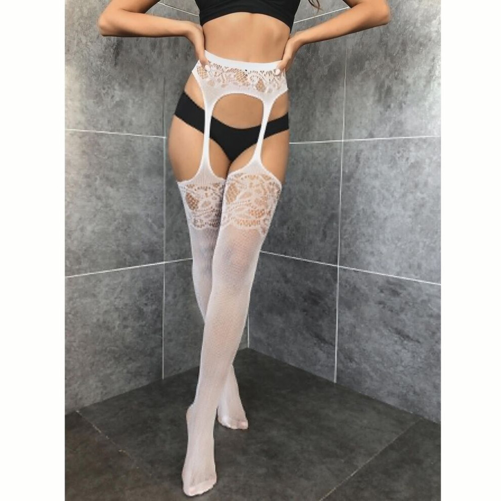 (white, One Size) Women Sexy Fishnet Pantyhose Thigh High Socks Lingerie Plus Size Floral Lace Stockings
