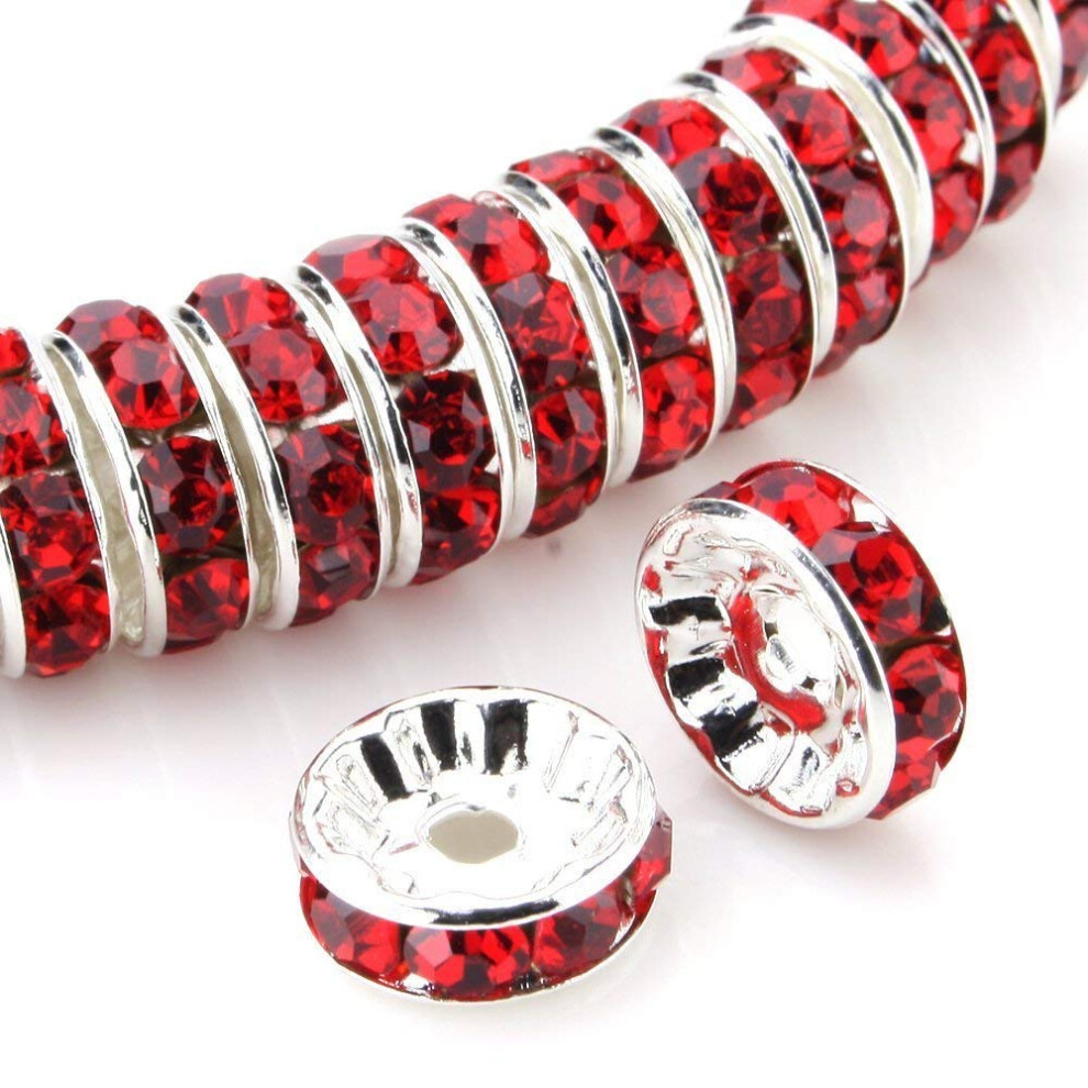 Allb 100Pcs Rondelle Spacer Beads 4mm Silver Plated Czech Crystal Rhinestone for Jewelry Making Loose Beads for Bracelets  red