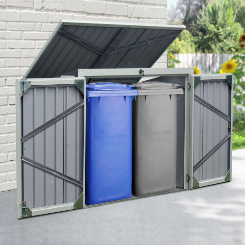 Outsunny Outsunny 2-Bin Corrugated Steel Rubbish Storage Shed w/ Locking Doors Lid Unit