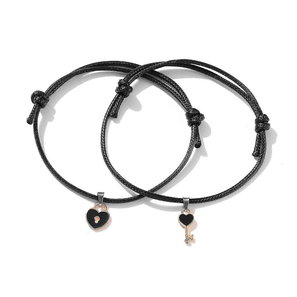 1 Pair Couple Bracelets,magnetic Adjustable Braided Rope Elastic Retro Decorative Gifts Key Love Heart Women Men Charm Bracele