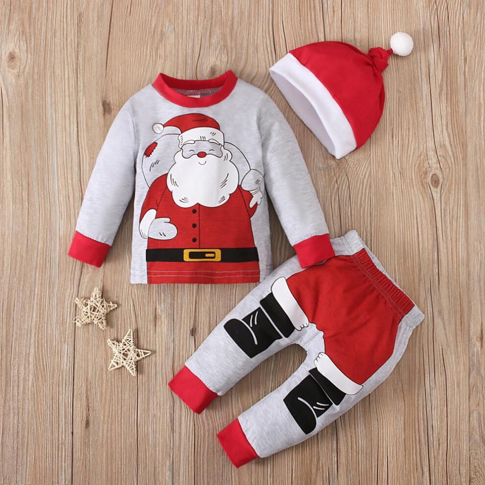 (100) Christmas Santa Claus Baby Kids Boys Girls Shirt + Pants + Hat 3pcs Outfits Clothes For 0.5-4 Years