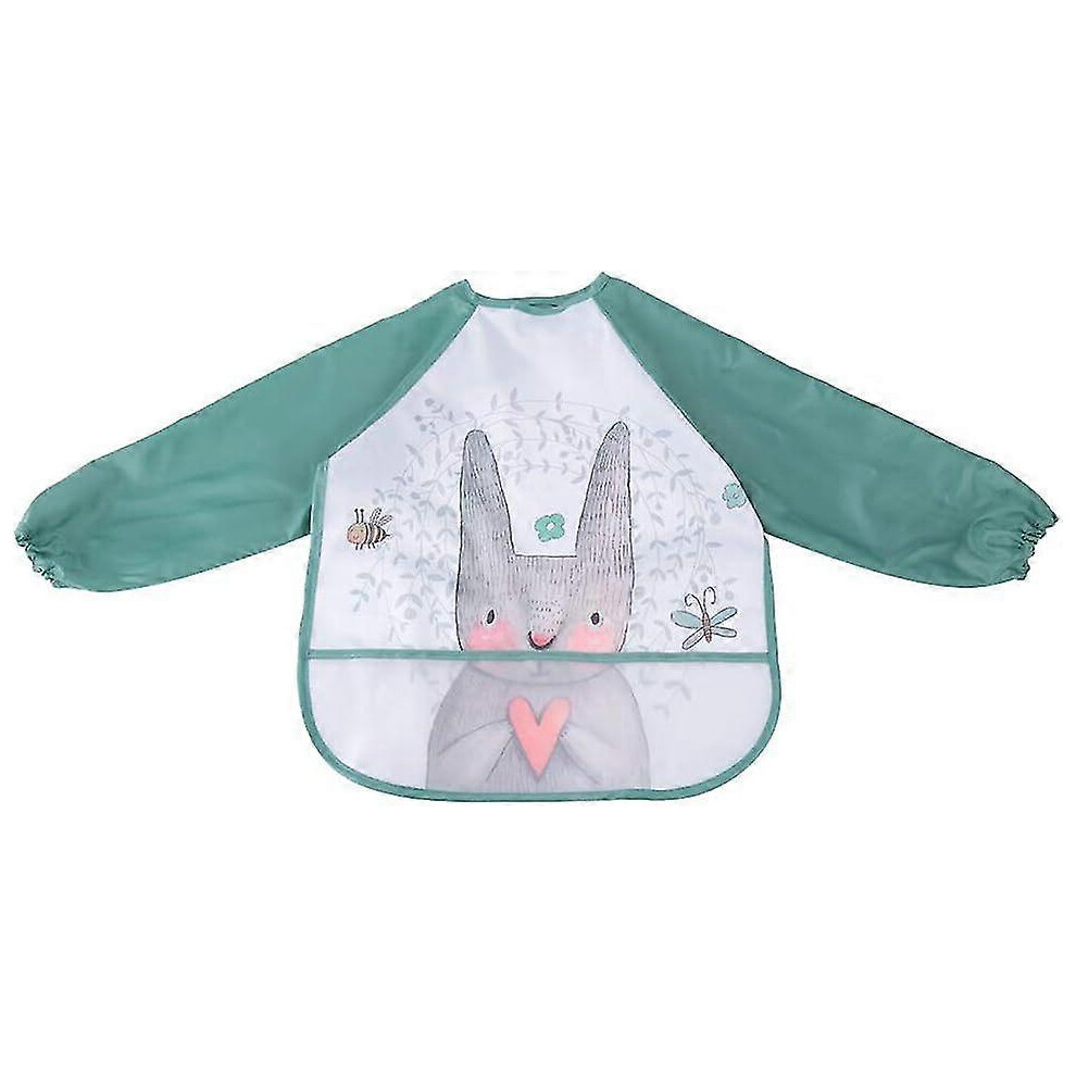 Long Sleeved Baby Bib Printed Cartoon Waterproof Bib Burp Cloth Feeding Apron Infant Overclothes Stain Resistant Smock for Toddler Baby[green Rabbit]