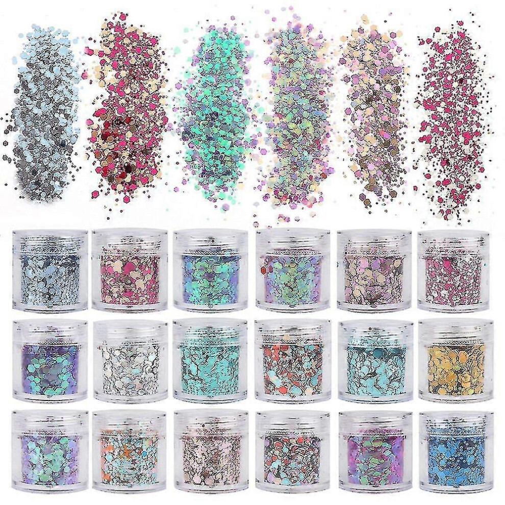 18 Boxes Holographic Cosmetic Festival Chunky Glitters Sequins, Nail Sequins Iridescent Flakes, Cosmetic Paillette Ultra-thin Tips, for Body Face Hair