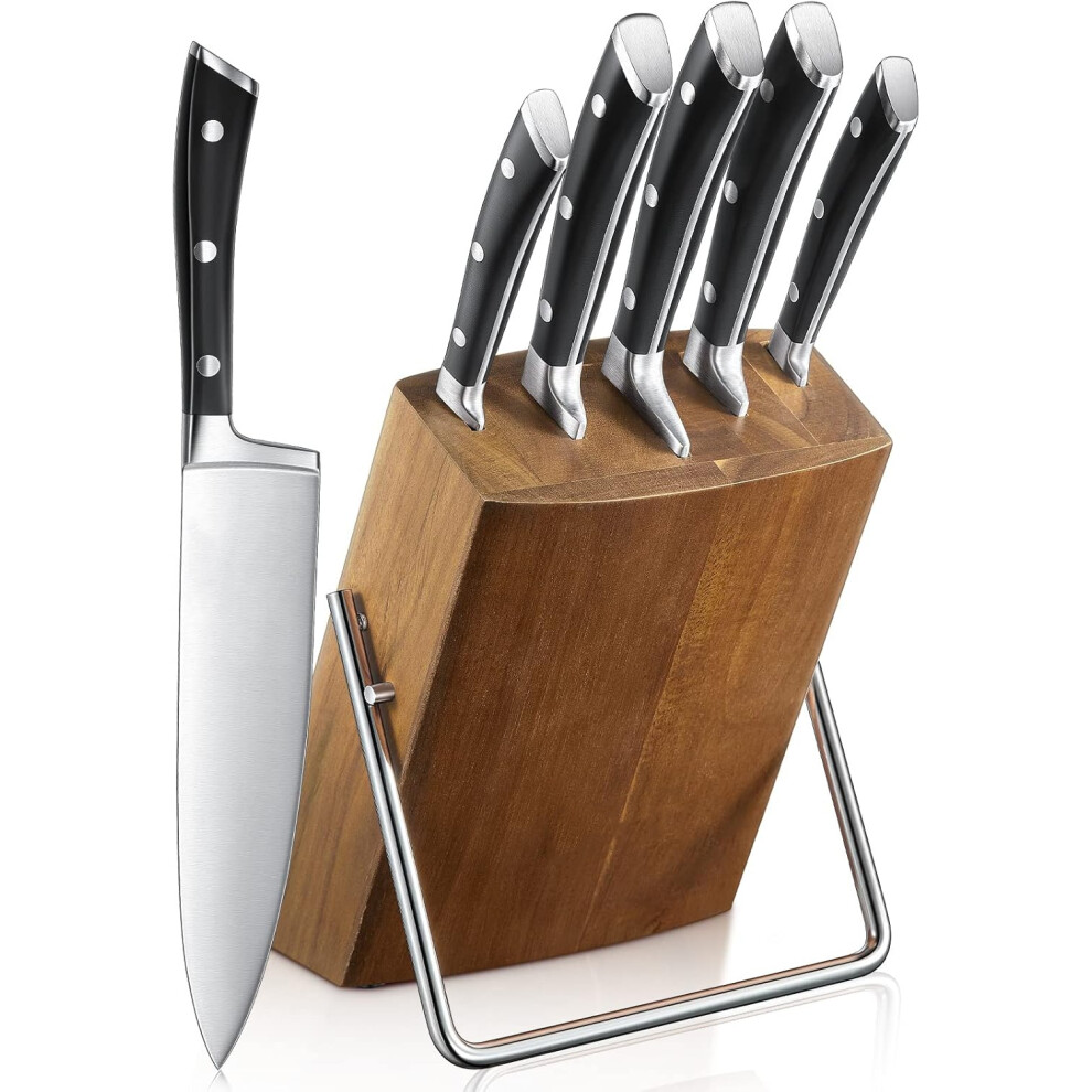 (Wood Color) Knife set, 6-piece kitchen knife set, knife block set in high carbon stainless steel, sharp knife set with stylish acacia wood knife block