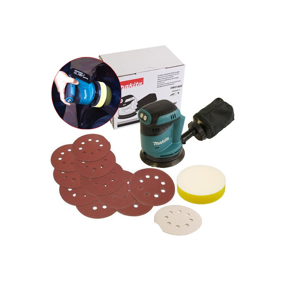 Makita DBO180Z 18v LXT Random Orbital Polisher Sander 125mm + 10 Sheets + Pad