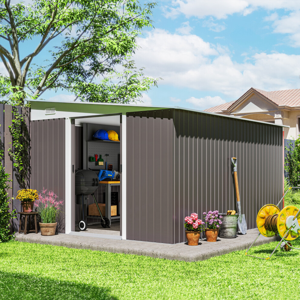 Outsunny 11.3x9.2ft Steel Garden Storage Shed w/ Sliding Doors & 2 Vents, Grey