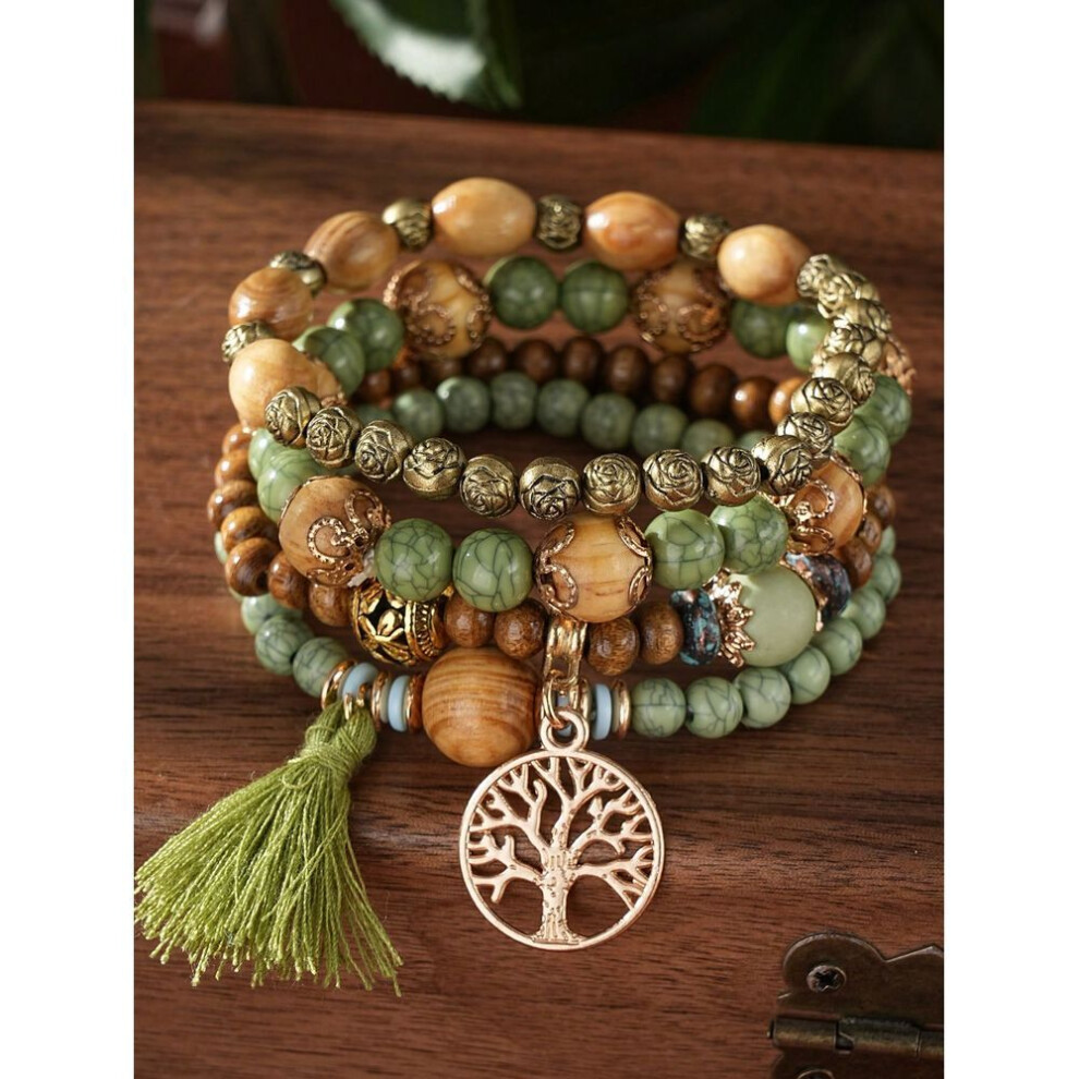 (green) 4 Pieces/set Bohemian Style Tassel Tree Of Life Pendant Multi-layered Wood Bead Beaded Bracelet