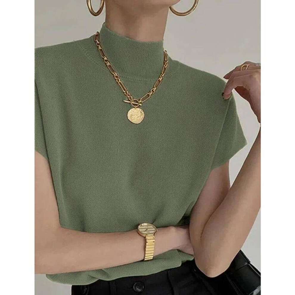 (light green, One Size) Solid Stand-up Collar Slim Knitted Vest Loose Elegant Straight Tops Short Sleeve Office Lady T Shirt Women Fashion Vest Shirt 18842