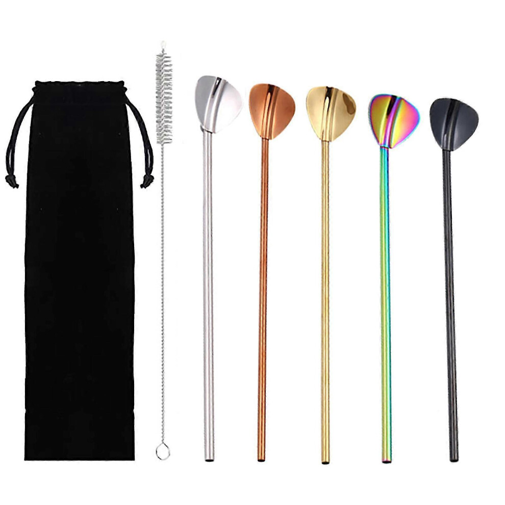 Reusable Straws with Spoon Stainless Steel Straw with Cleaning Brush Storage Bag Drinking Spoon For