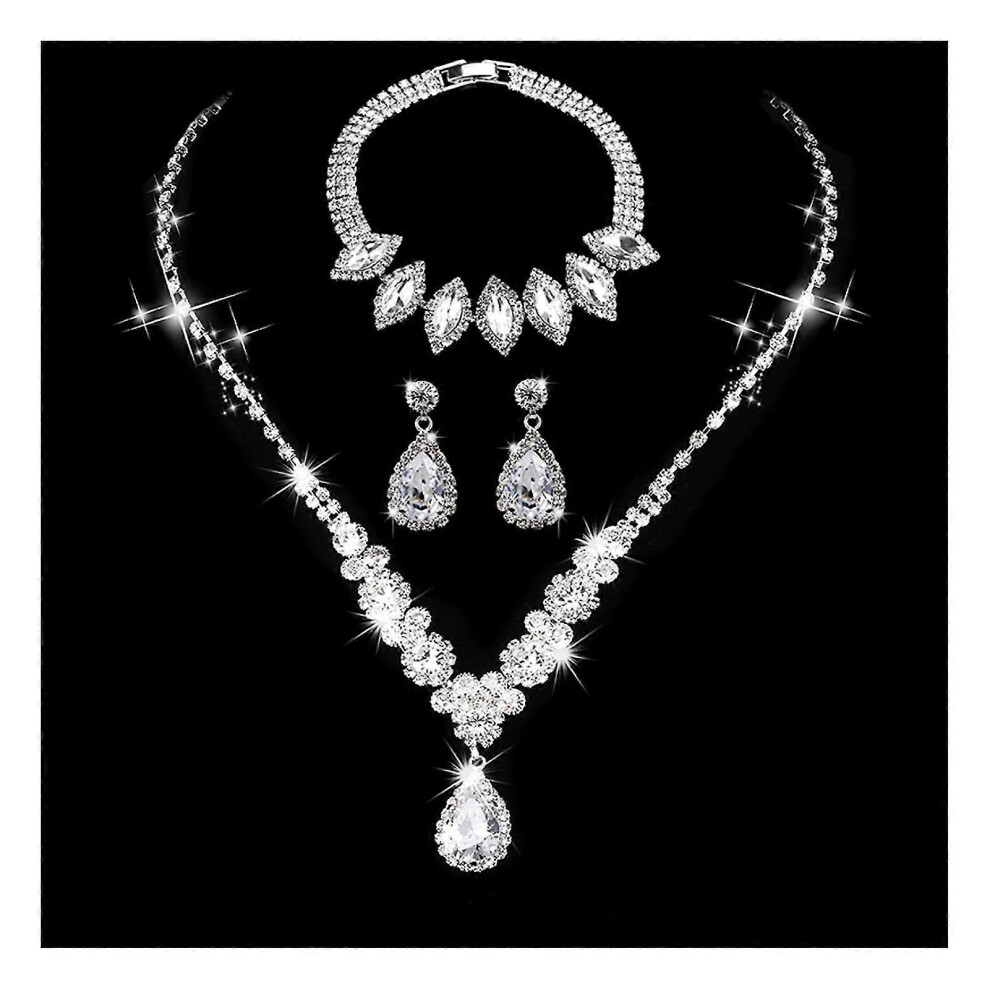 (501 600 Ear Clip) Bridal Rhinestone Necklace Earring Bracelets Teardrop Pendant Jewelry Accessories