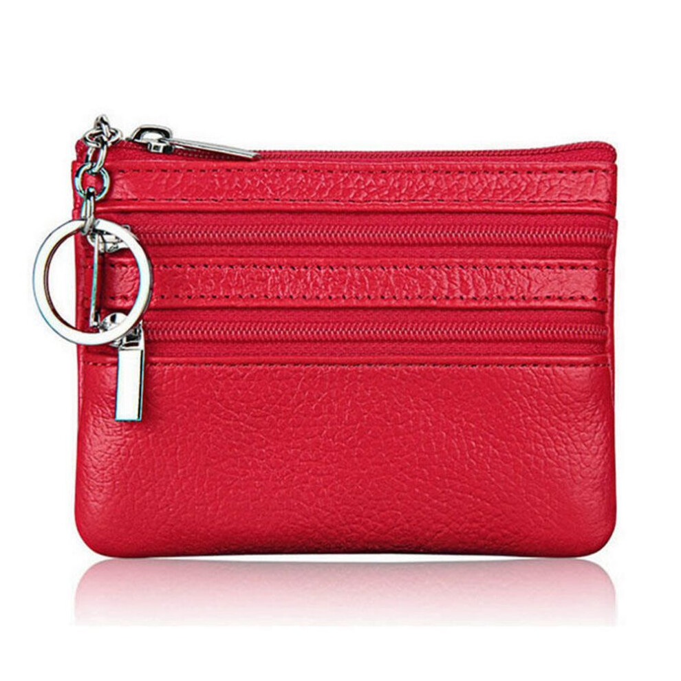 (red) Women Leather Coin Purse Female Short Wallet 3 Zipper Coin Purses Card Holder Waleet