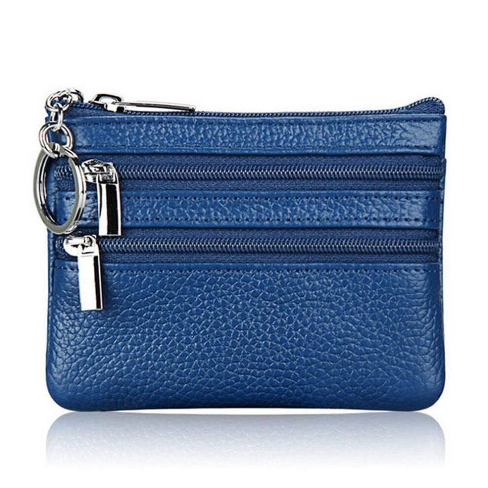 (blue) Women Leather Coin Purse Female Short Wallet 3 Zipper Coin Purses Card Holder Waleet