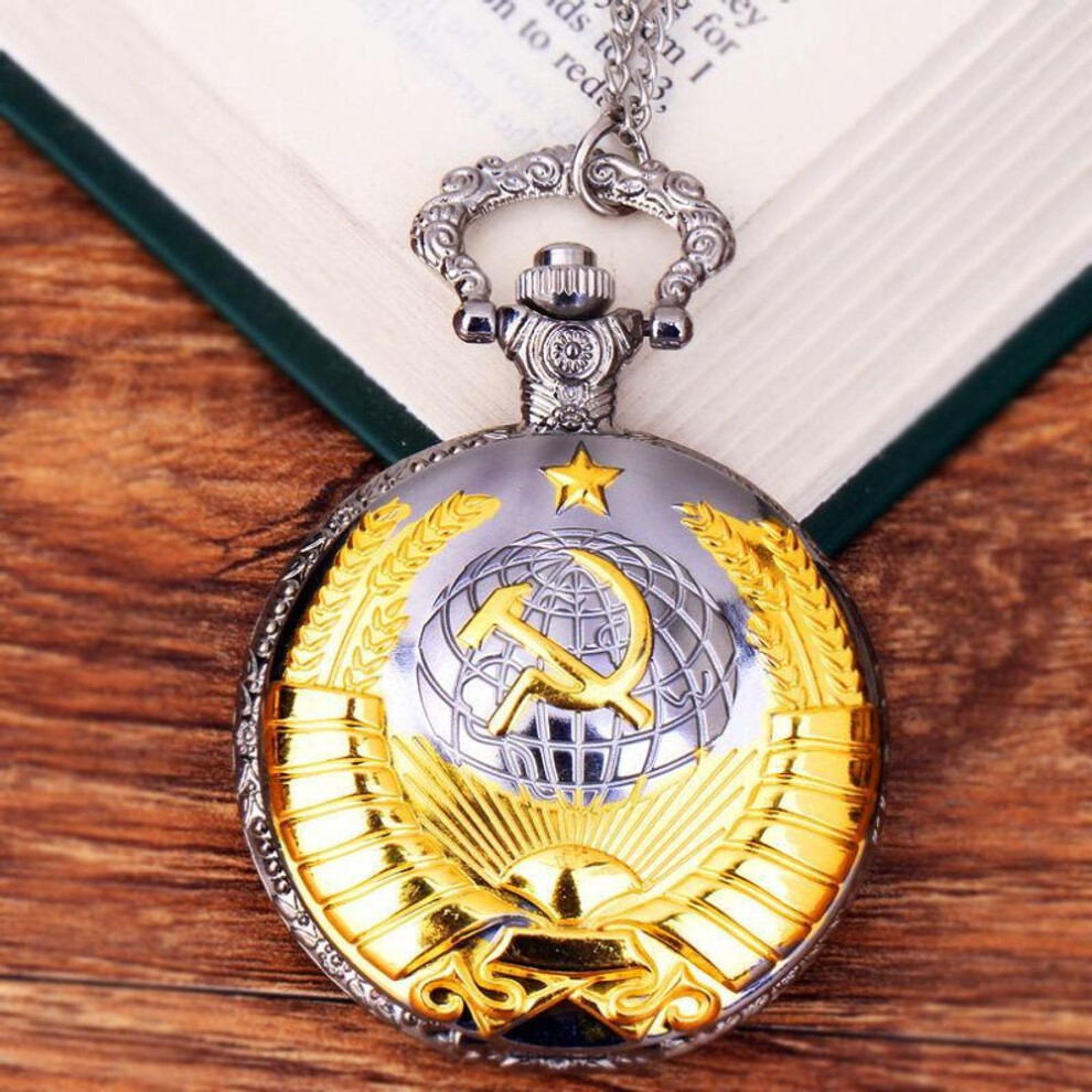 (gold) Men&apos;s Pocket Watch Special Communist Symbol Design Bronze Quartz Pocket Watches Necklace Chain Clock