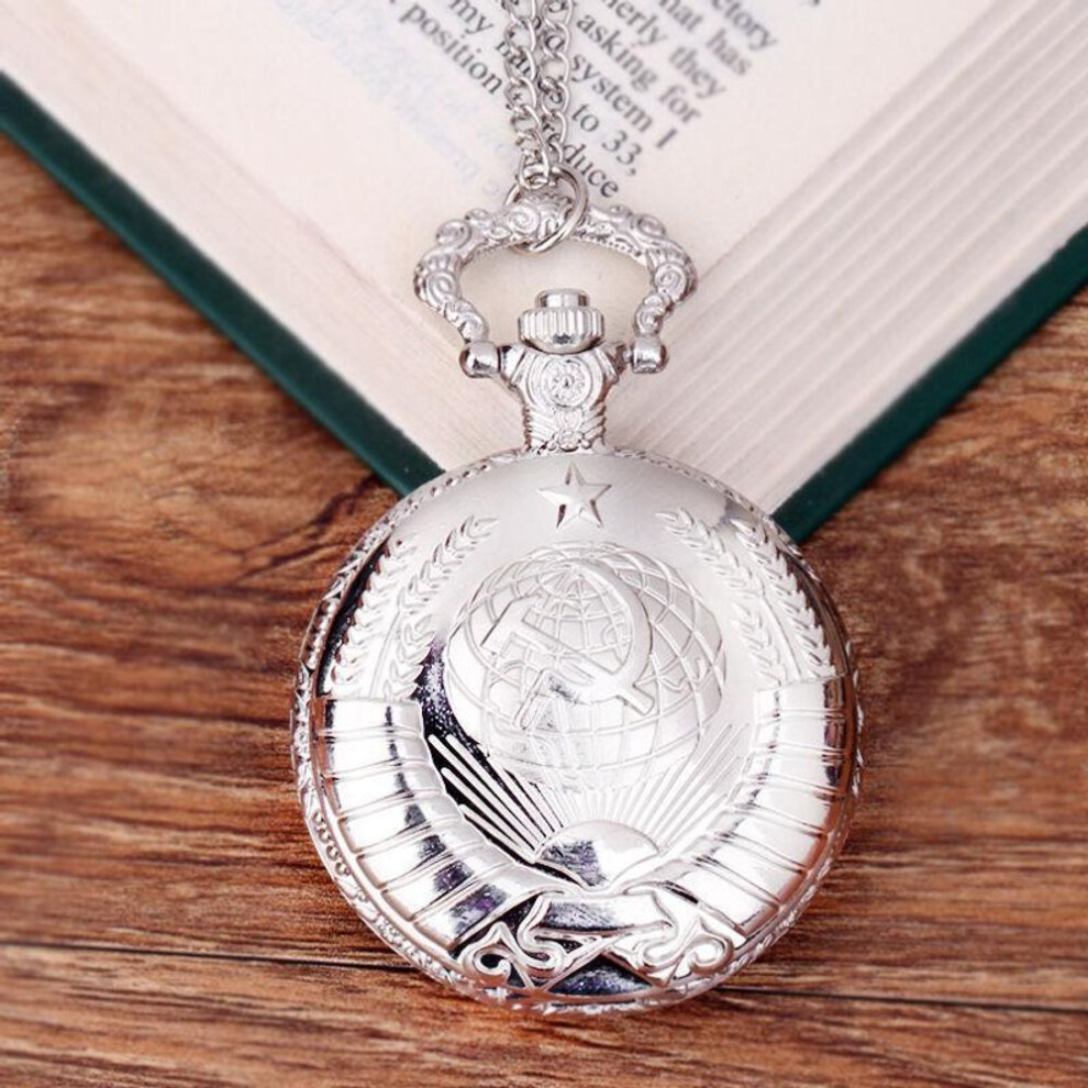 (silver) Men&apos;s Pocket Watch Special Communist Symbol Design Bronze Quartz Pocket Watches Necklace Chain Clock