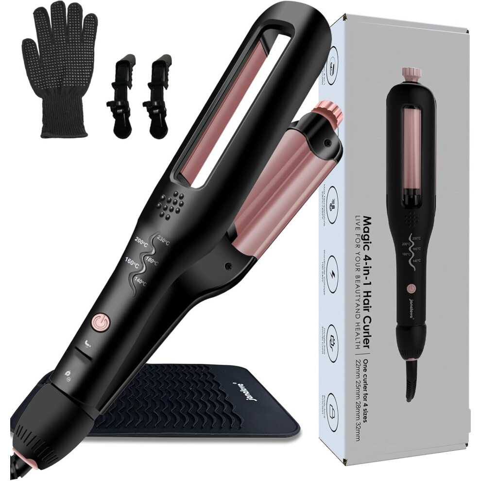 (4 Adjustable Depth Wave Iron) Hair Waver for Short Hair - Adjustable Hair Curler for Beach Waves,4-in-1 Wavy Styles Choices -22mm-25mm-28mm-32mm Curling Wand