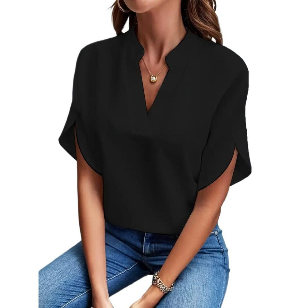 (black, L) Gmxia Women&apos;s Fashion Casual Summer Solid Color Print Short Sleeve V-neck Blouses & Shirts
