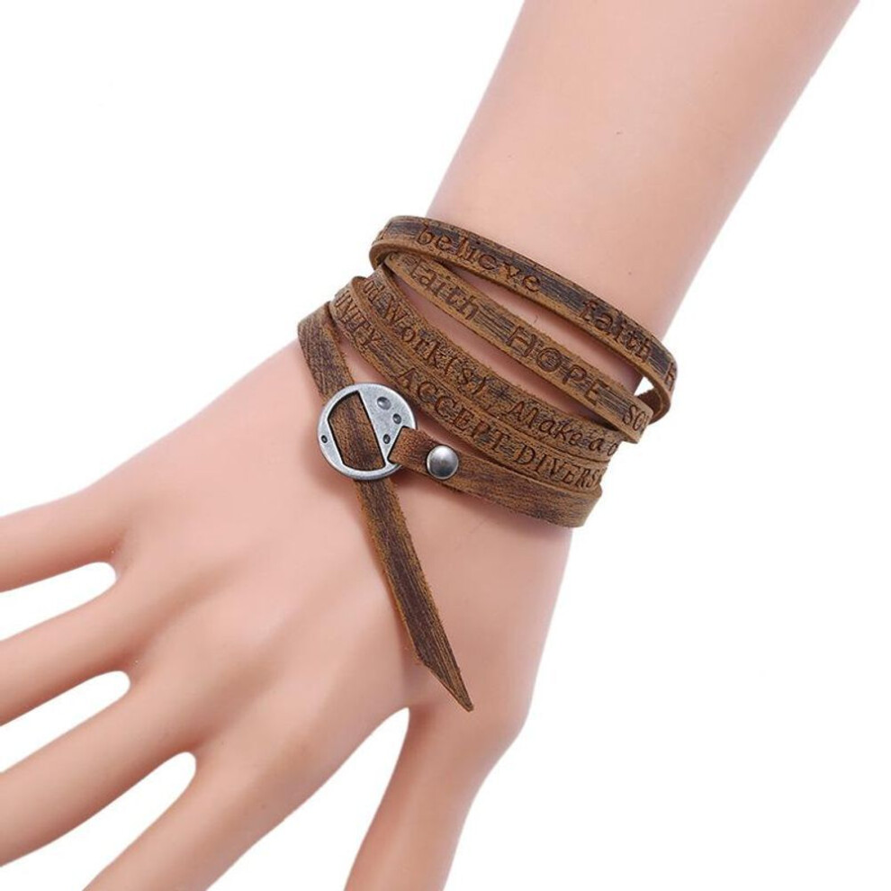 (brown, 101CM) New Five Circle Embossed Cowhide Bracelet Vintage Simple Multi Loop Bracelet Fashion Buckle Leather Bracelet