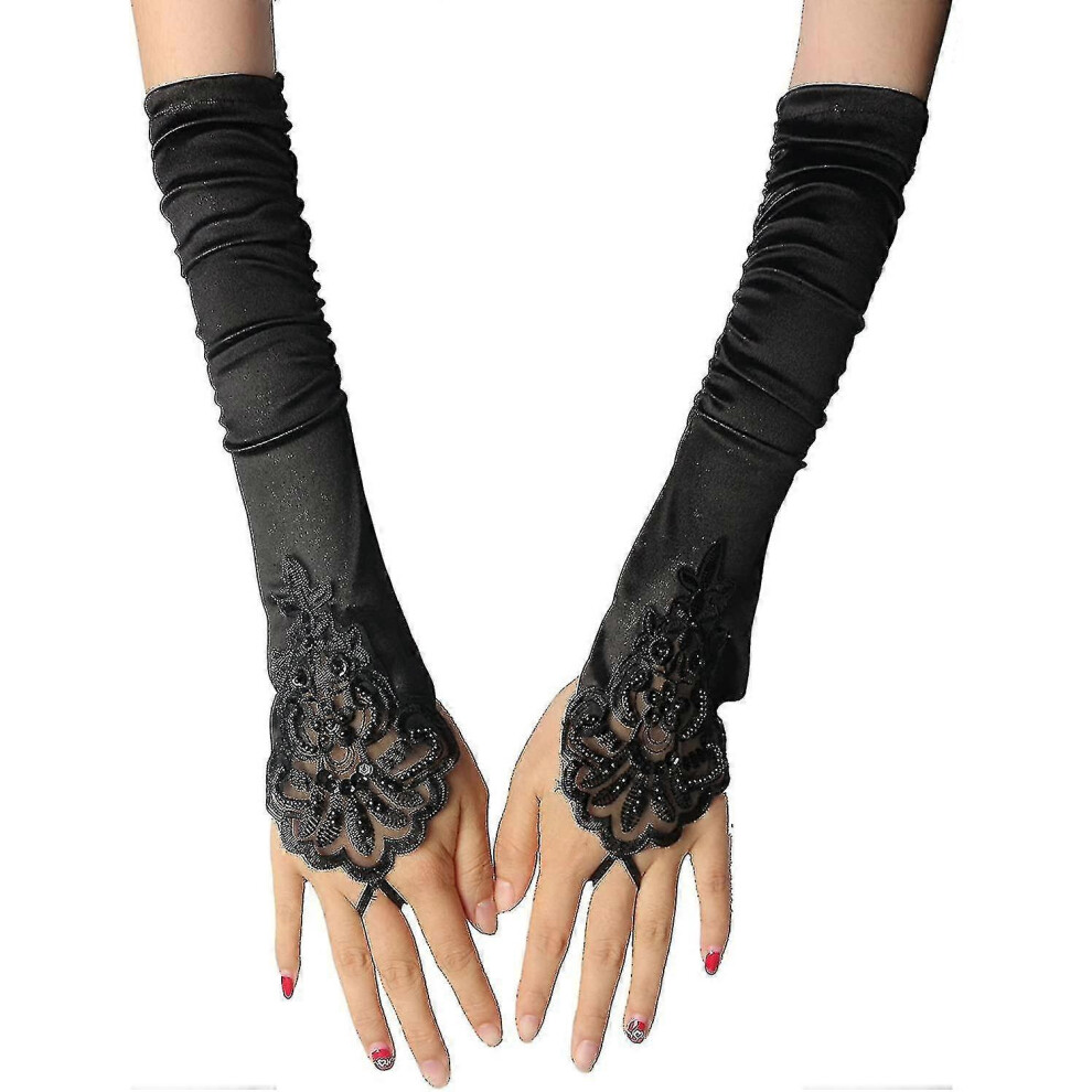 Black Gloves Long Gloves 1920s Accessories Costume Fingerless Gloves for Women Roaring 20's Accessories Classic Satin Elbow Length Gloves (s12)