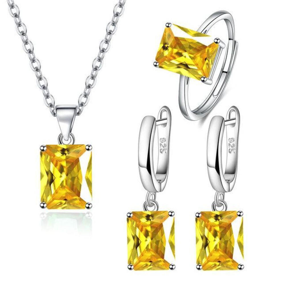 (yellow, Resizable) Anenjery Square Zirconia Pendant Necklace Earrings Ring Jewelry Sets For Women Anniversary Party Jewelry Gift Bijoux Femme