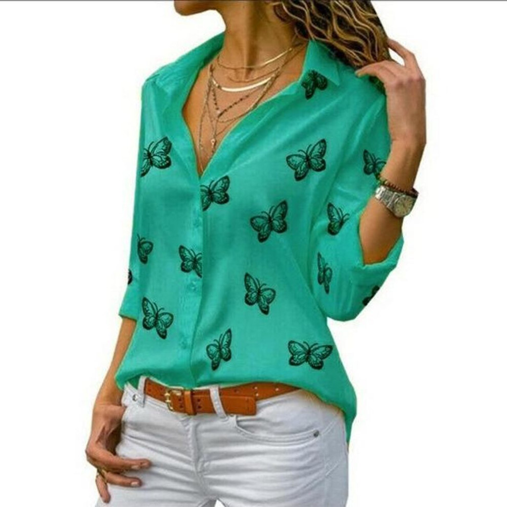 (green, S) Women Butterfly Print Blouse Turn Down Collar Button Up Chiffon Blouses Solid Color Plus Size Long Sleeve Tops