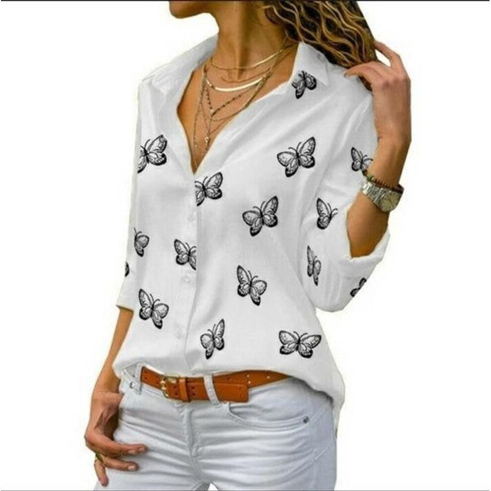 (white, S) Women Butterfly Print Blouse Turn Down Collar Button Up Chiffon Blouses Solid Color Plus Size Long Sleeve Tops