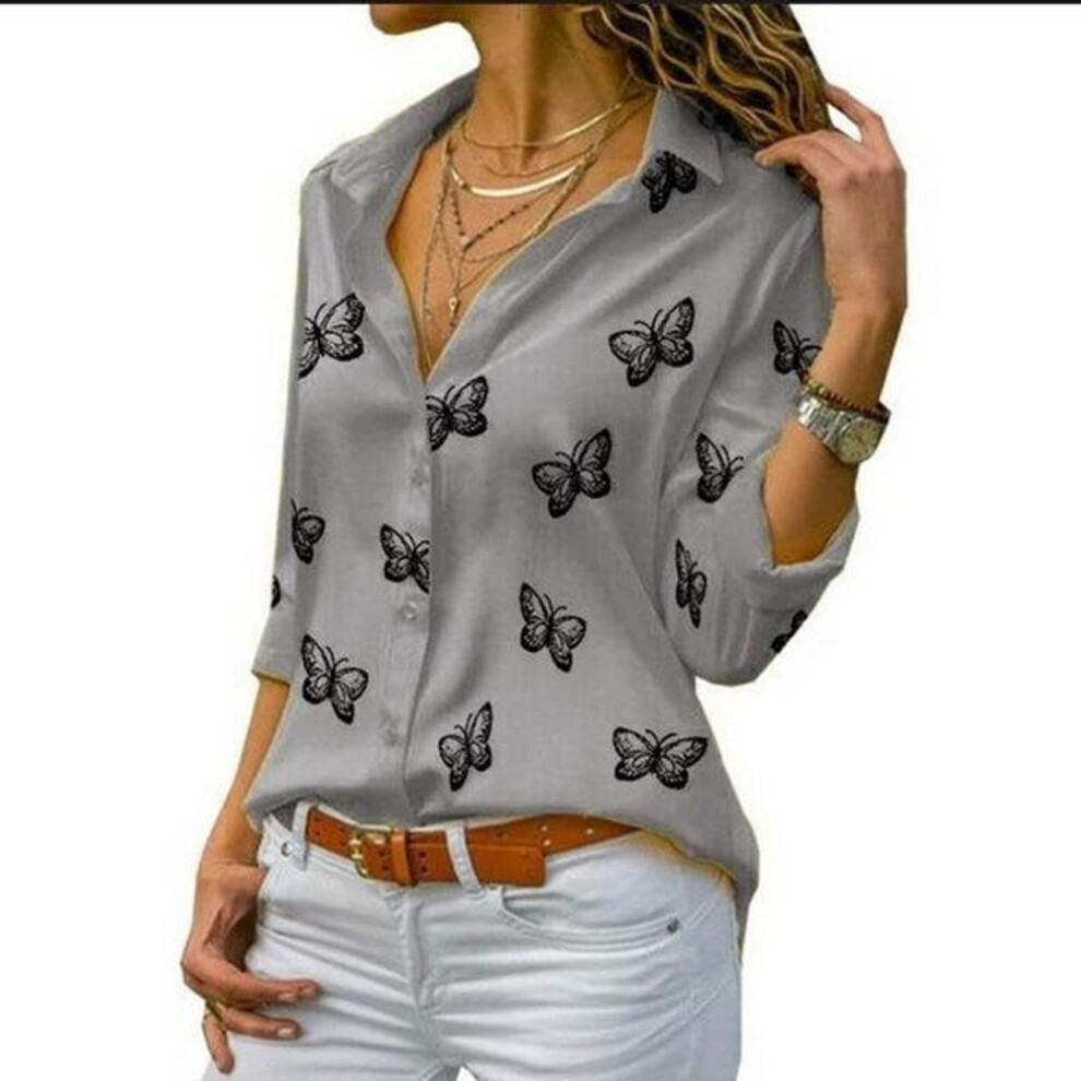 (gray, XXL) Women Butterfly Print Blouse Turn Down Collar Button Up Chiffon Blouses Solid Color Plus Size Long Sleeve Tops