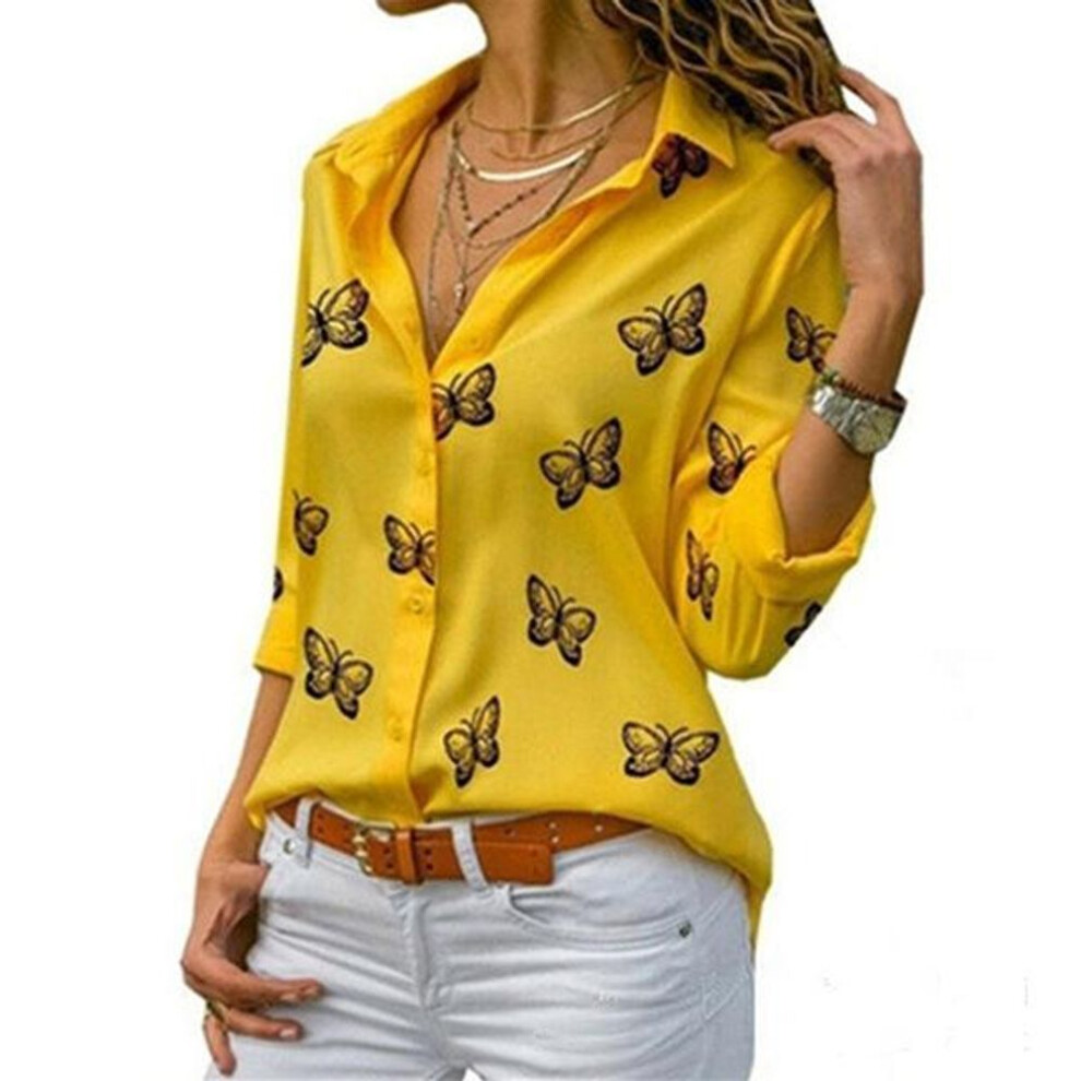 (yellow, XXL) Women Butterfly Print Blouse Turn Down Collar Button Up Chiffon Blouses Solid Color Plus Size Long Sleeve Tops