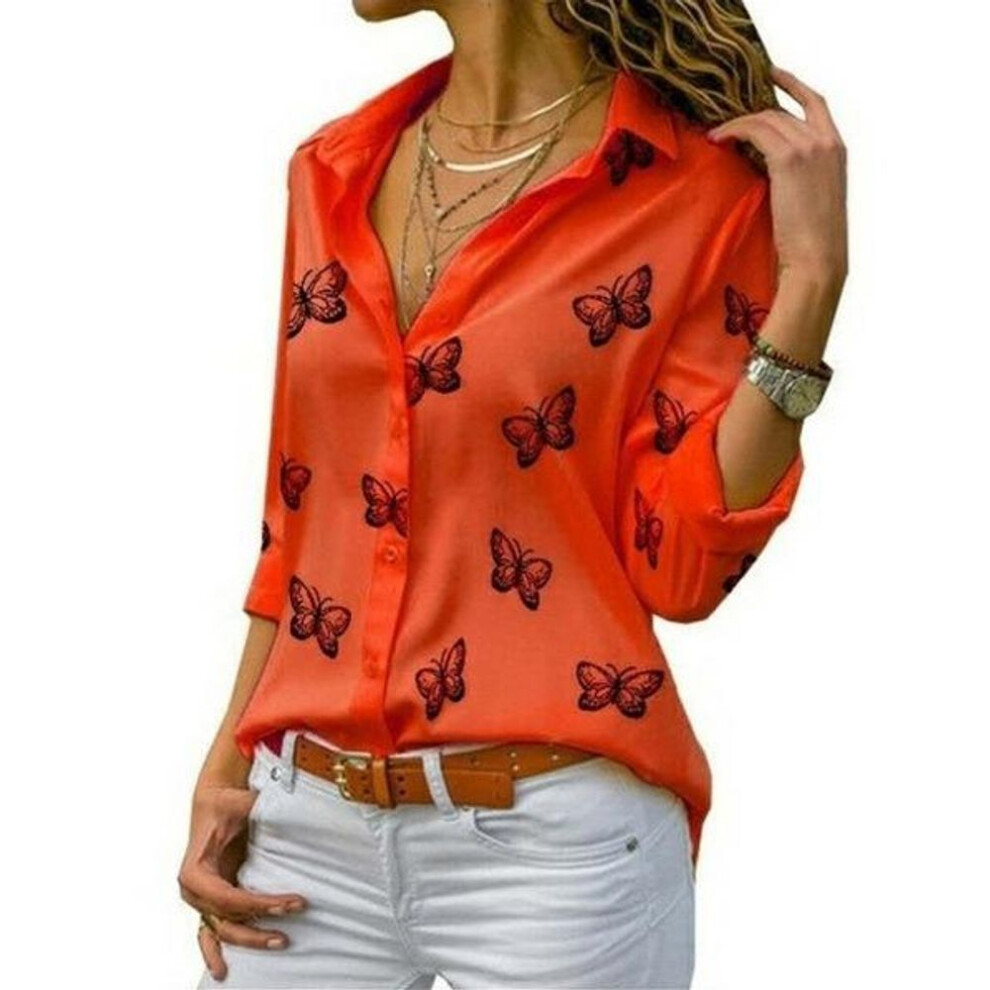 (red, M) Women Butterfly Print Blouse Turn Down Collar Button Up Chiffon Blouses Solid Color Plus Size Long Sleeve Tops