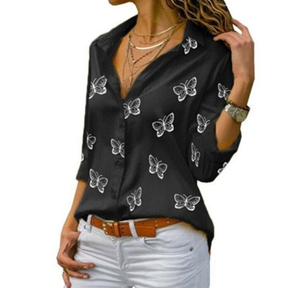 (black, XXXXL) Women Butterfly Print Blouse Turn Down Collar Button Up Chiffon Blouses Solid Color Plus Size Long Sleeve Tops