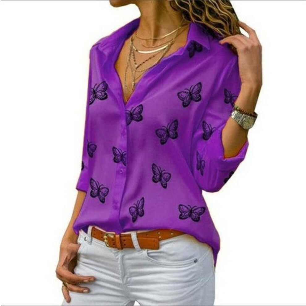 (purple, 5XL) Women Butterfly Print Blouse Turn Down Collar Button Up Chiffon Blouses Solid Color Plus Size Long Sleeve Tops