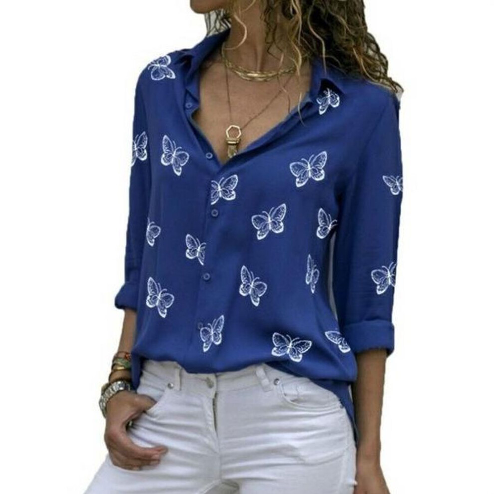 (blue, XXL) Women Butterfly Print Blouse Turn Down Collar Button Up Chiffon Blouses Solid Color Plus Size Long Sleeve Tops
