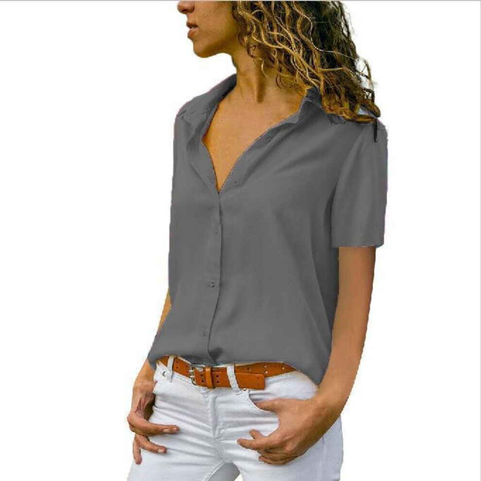 (gray, S) Women Solid Color Short Sleeve Turn Down Collar Button Up Chiffon Blouse Plus Size Summer Tops