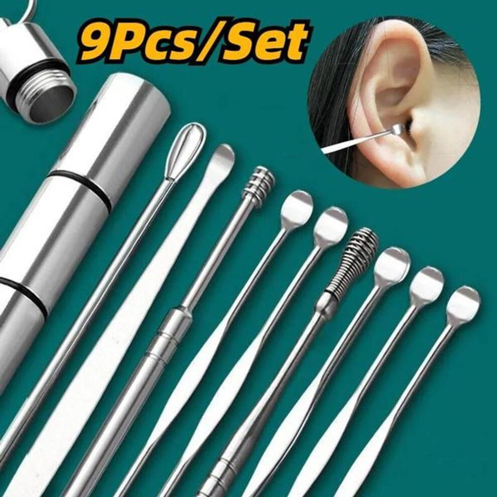 (silver, 9Pcs/Set) 9pcs/set Ear Wax Pickers Stainless Steel Earpick Wax Remover Piercing Kit Earwax Curette Spoon Care Ear Clean Tool Easy Carry